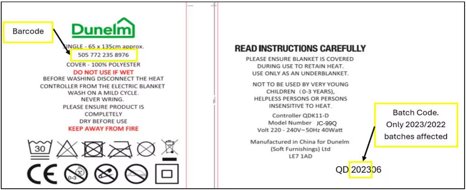 Dunelm Warm and Cosy Electric Blanket Cables: photo 3 of 3 from the OPSS notice of 20 Jul 2026