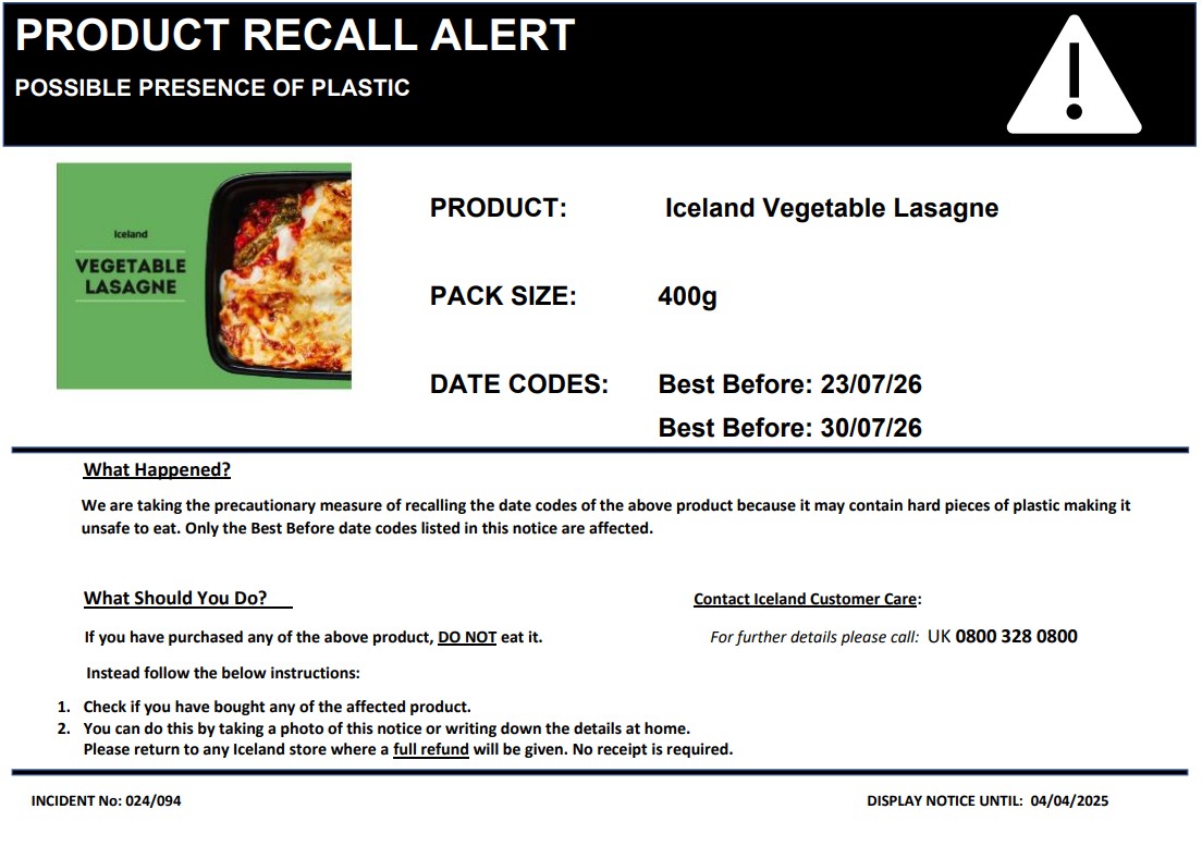 Iceland Vegetable Lasagne: photo 2 of 3 from the FSA notice of 19 Mar 2025