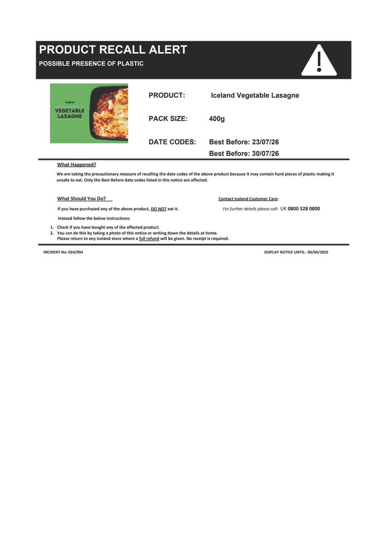 Iceland Vegetable Lasagne: photo 3 of 3 from the FSA notice of 19 Mar 2025