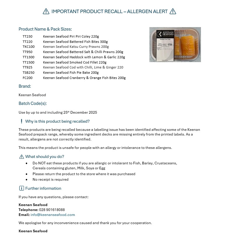 Keenan Seafood prepacked fish products: photo 2 of 3 from the FSA notice of 19 Dec 2025