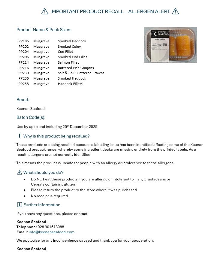 Keenan Seafood prepacked fish products: photo 3 of 3 from the FSA notice of 19 Dec 2025
