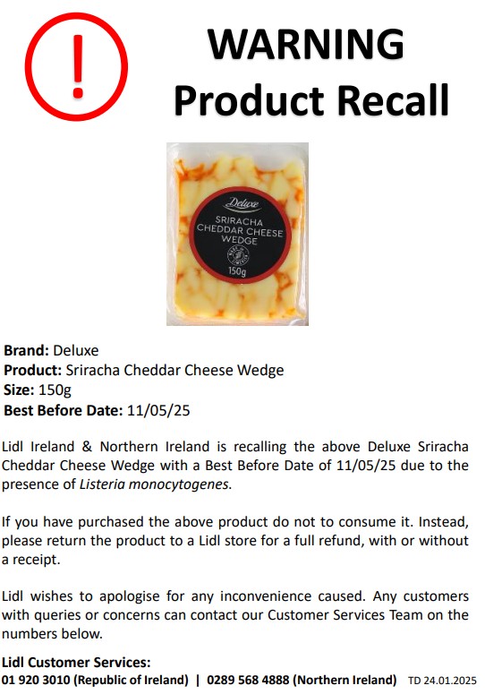 Lidl Northern Ireland further Deluxe Cheddar Cheese Wedge products: photo 2 of 2 from the FSA notice of 17 Jan 2025
