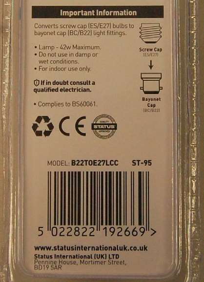White Bayonet BC B22 To Edison Screw ES E27 Light Bulb Adaptor: photo 1 of 4 from the OPSS notice of 8 Oct 2021